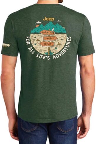 Jeep for All Life's Adventures Logo Signposts T-Shirt Supersoft Cotton/Polyester Blend/Heather Forest Green in Kuwait