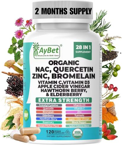 NAC-n-acetyl cysteine- Quercetin Zinc Bromelain Supplement | Extra Strength with Vit C, D3, Apple Cider Vinegar, Elderberry, Hawthorn Berry, Turmeric | Immune Support|120 Vegan Capsules | USDA Organic in Saudi Arabia