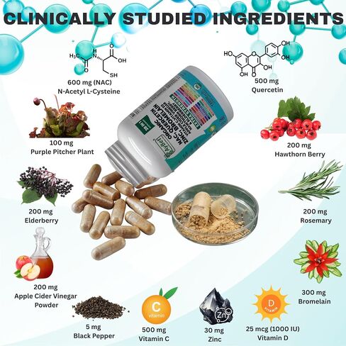 NAC-n-acetyl cysteine- Quercetin Zinc Bromelain Supplement | Extra Strength with Vit C, D3, Apple Cider Vinegar, Elderberry, Hawthorn Berry, Turmeric | Immune Support|120 Vegan Capsules | USDA Organic in Saudi Arabia