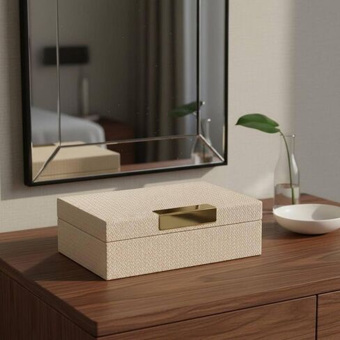 Faux Leather Jewelry Box Elegant Modern Trinket Case Hinged Lid Decorative Lidded Box for Interior Designers, Dressing Table, Office Desk, S, Woven A Apricot in Saudi Arabia