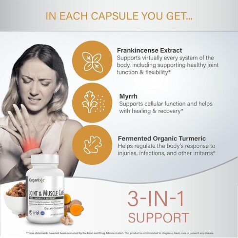 Organixx Joint & Muscle Care Organic Turmeric Supplement, 3-in-1 Frankincense, Turmeric and Myrrh Joint Health & Joint Support Supplement Body Care Capsules, Supports Swelling, Tension, 60 Capsules in Saudi Arabia
