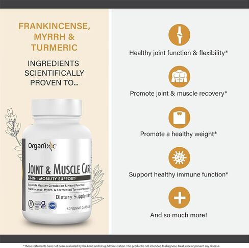 Organixx Joint & Muscle Care Organic Turmeric Supplement, 3-in-1 Frankincense, Turmeric and Myrrh Joint Health & Joint Support Supplement Body Care Capsules, Supports Swelling, Tension, 60 Capsules in Saudi Arabia