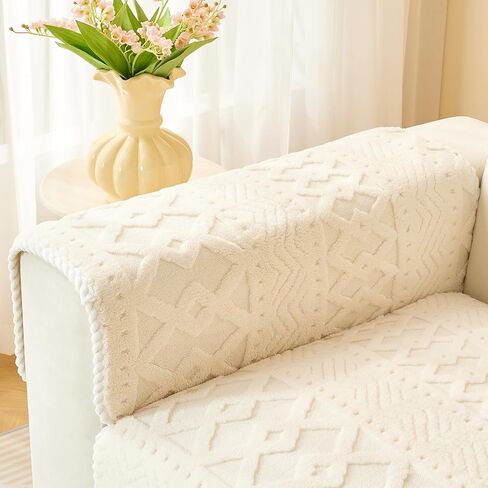 Boho Jacquard Couch Arm Covers, Soft Fuzzy Arm Chair Covers, Anti-Slip Armchair Slipcovers for Dogs Cats Pet Loveseat Recliner Leather L Shaped (Ivory,28"x28") in Saudi Arabia