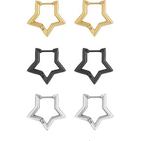 Sacina 3 Pairs of Silver-tone Black Gold-tone Star Huggie Hoop Earrings, Gothic Emo Punk Grunge Y2K Earrings, Christmas Jewelry Gift For Women in Kuwait