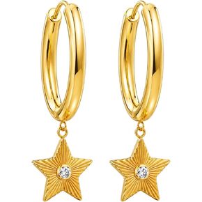 14K Gold/Silver Star Drop Hoop Earrings for Women - Zirconia Textured Star Dangle Huggie Hoops Hypoallergenic Stainless Steel Small Dainty Jewelry Gifts for Everyday Birthday Anniversary in Saudi Arabia