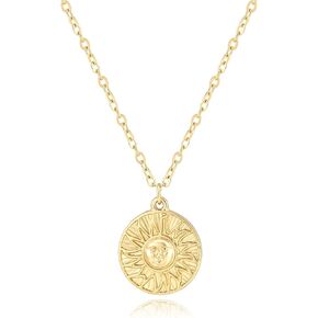14K Gold Plated Sun Medallion Necklace for Women Embossed Sun Pattern Round Pendant Necklace Dainty Chain Minimalist Jewelry Inspirational Gift for Her in Saudi Arabia