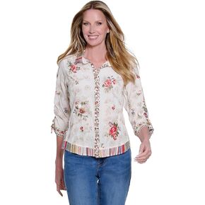 John Mark Women's Clothing | Woven Embroidered Three Quarters Cinch Tiel Sleeve Button Front Blouse with Mix Trim in Saudi Arabia