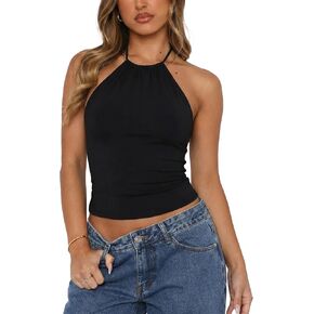 Women's Tie Halter Tops Sexy Backless Double Lined Going Out Crop Tank Tops in Saudi Arabia