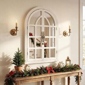 Rustic Farmhouse Arched Wall Mirror 24 Lx 36, Wooden Window Pane Decorative Mirror for Wall, Vintage Arch Mirror for Living Room, Bedroom, Entryway, Bathroom Decor, Large Rustic White Window Mirror in Saudi Arabia