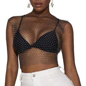 Women's Rhinestone Mesh Tank Top Rave See Through Hollow Out Rhinestone Bikini Cover Up Skirt Festival（Mesh sleeve） in Saudi Arabia