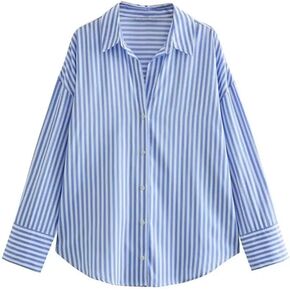 Women Casual Loose Striped Poplin Shirt Female Long Sleeve Turn Down Collar Blouse in Saudi Arabia