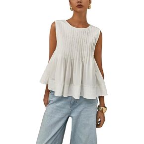 Pinclodly Babydoll Tops for Women Crewneck Pleated Peplum Tops Cute Ruffle Tank Tops Loose Y2K Sleeveless Going Out Tops in Saudi Arabia