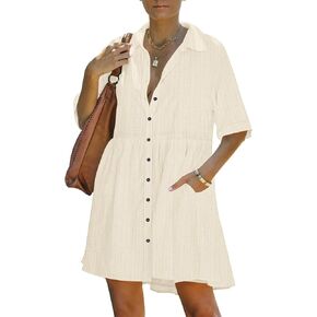 PYGFEMR Women's Summer Dress 2026 Short Sleeve Babydoll Tiered Button Down T Shirts Dresses with Pockets in Saudi Arabia