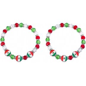 2PCS Mexico Flag Beaded Bracelets Set, Adjustable Handmade Crystal Glass Stretch Bracelet with Zinc Alloy Flag Charm, Patriotic Jewelry for Mexican Holiday, Soccer Games & Travel Souvenir in Saudi Arabia