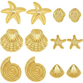 6 Pairs Beach Earrings for Women 14K Gold Statement Earrings Conch Seashell Starfish Stud Earring Ocean Summer Jewelry Set in Saudi Arabia