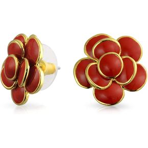 Bling Jewelry Retro Turquoise Blue Red Enamel Rose Flower Stud Earrings For Women Pierced Ears 14K Yellow Gold Plated in Kuwait