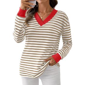 Fayenne Womens Long Sleeve Tops Dressy Casual Striped Shirts Color Block V Neck Blouses Tunic Fall Fashion 2025 in Saudi Arabia