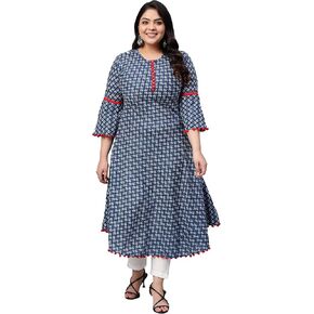 فستان Yash Gallery نسائي من القطن مطبوع على شكل حرف A ورقبة دائرية وطول ربلة الساق وأكمام جرس Anarkali Kurta مع بوم بوم للصيف in Kuwait
