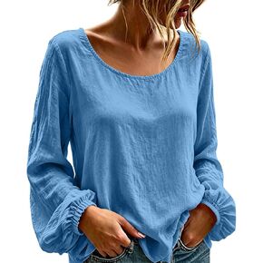 Linen Tops for Women 2026 Cotton Blend Scoop Neck Long Sleeve Puff Blouse with Elastic Cuffs Loose Casual Tunic Shirt in Saudi Arabia