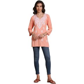 FCH، كورتي قصير من الحرير الصناعي مصنوع يدويًا من Chikan مع ملابس عرقية مطرزة من Chikankari للنساء in Kuwait