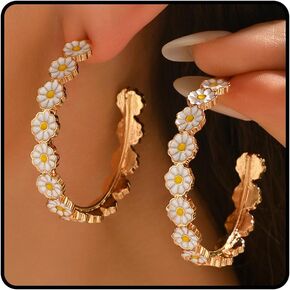 Daisy Hoop Earrings for Women White Daisy Flower Earrings C-Shaped Sunflower Hoops Spring Floral Jewelry Accessories in Saudi Arabia