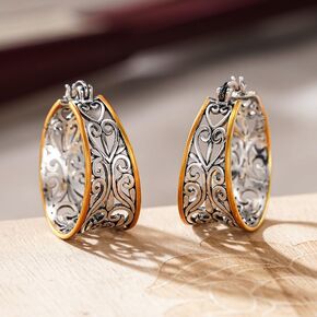 Vintage Two Tone Hollow Out Filigree Pattern Wide Circle Hoop Earrings for Women Banquet Party Earrings Jewelry Gifts in Kuwait