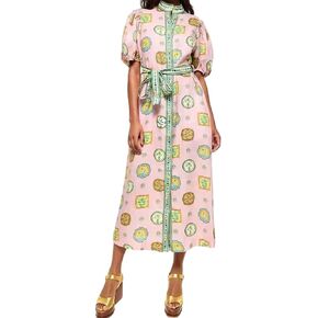 Women's Sexy Short Puff Sleeve Button Printed Bodycon Cocktail Party Vacation Belted Dress in Saudi Arabia