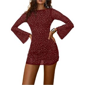 WDIRARA Women's Sparkly Rhinestone Bodycon Dress Boat Neck Long Bell Sleeve Backless Mini Dresses Party Clubwear in Kuwait