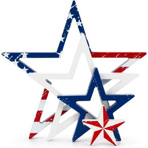 4Pcs 4th of July Wooden Star Signs Table Decorations 250th Anniversary Patriotic Red White Blue Stars Tiered Tray Decor for Independence Veterans Labor Memorial Day Home School Classroom Decor in Saudi Arabia