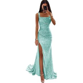 Sparkly Sequins Mermaid Prom Dresses 2026 for Women with Slit Long Square Neck Ruched Formal Evening Gown ZO045 in Saudi Arabia