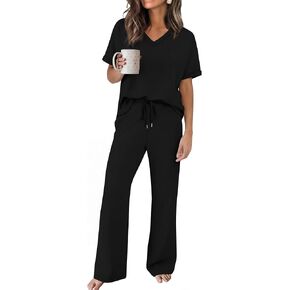 Sampeel Lounge Sets for Women V Neck Turn-UP Sleeves Tops Wide Leg Pants 2 Piece Sets Oversized Summer Vacation Outfits 2026 in Kuwait