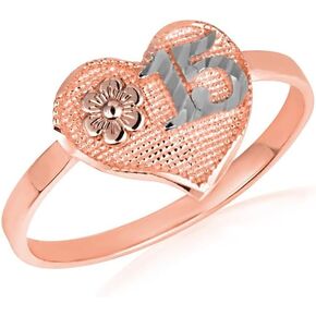 10K Tri-Tone Gold 1.7mm Sparke Cut Beaded Heart Shape Flower Sweet 15 Años Quinceanera Statement Ring, Available in Sizes 4-12 in Kuwait