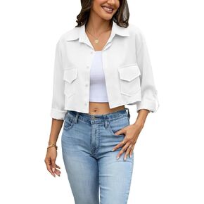 Dauocie Women's Cropped Roll Up Long Sleeve Button Down Shirts Asymmetrical Hem Crop Top with Pockets in Saudi Arabia
