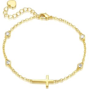 14K Gold Bracelets for Women Gold Cross Bracelet Crosses Bracelet for Womens Unique Chic Horizontal-Shaped Cross with Cubic Zircon Womens Chain Bracelets Adjustable Size (7-8.6) in in Saudi Arabia