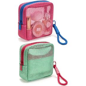 Small Makeup Bag, Mesh Cosmetic Pouch See Through with Detachable Hand Strap, Dopamine Color Partitioned Storage Organizer for Travel, Coin Purse & Cable Organizer (Deep Pink+Light Purple+Green) in Saudi Arabia