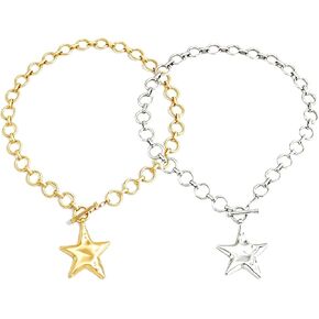2 Pcs Chunky Star Necklace Set for Women (Gold & Silver), Large Starfish Pendant, Thick Chain OT Toggle Jewelry, Celestial Charm Accessories in Saudi Arabia