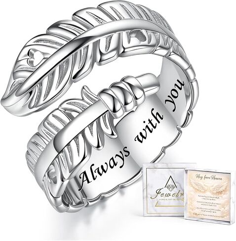 Sterling Silver Feather Ring for Women Men Adjustable Open Ring Hope Love Heaven Friendship Memorial Angel Rings Jewelry Birthday Mothers Day Gifts for Mom Wife Daughter Sister Teens Best Friends in Saudi Arabia