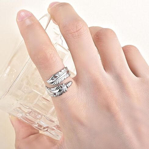 Sterling Silver Feather Ring for Women Men Adjustable Open Ring Hope Love Heaven Friendship Memorial Angel Rings Jewelry Birthday Mothers Day Gifts for Mom Wife Daughter Sister Teens Best Friends in Saudi Arabia