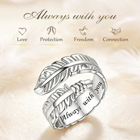 Sterling Silver Feather Ring for Women Men Adjustable Open Ring Hope Love Heaven Friendship Memorial Angel Rings Jewelry Birthday Mothers Day Gifts for Mom Wife Daughter Sister Teens Best Friends in Saudi Arabia