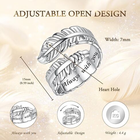 Sterling Silver Feather Ring for Women Men Adjustable Open Ring Hope Love Heaven Friendship Memorial Angel Rings Jewelry Birthday Mothers Day Gifts for Mom Wife Daughter Sister Teens Best Friends in Saudi Arabia