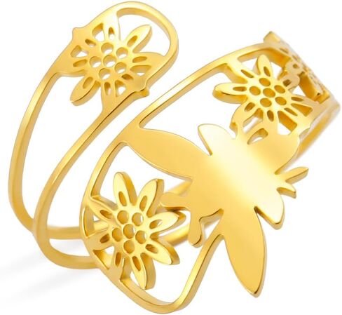 Dreamtimes Vintage Bee Rings Adjustable Bees Flower Spoon Rings for Women Sunflower Bee Ring Thumb Honey Rings Stainless Steel Wrap Open Rings Animal Jewelry in Kuwait
