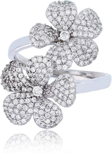 DECADENCE Sterling Silver Rhodium Micropave Double Flower Fashion Ring in Kuwait
