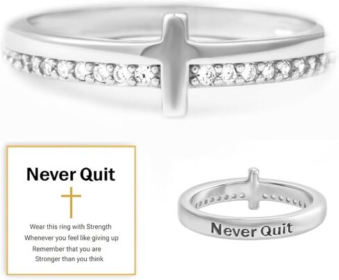 Cross Ring for Women, Cubic Zirconia Purity Ring for Christian, Engrave Never Quit Dainty Religious Pray Ring, Confirmation and Baptism Gifts in Saudi Arabia
