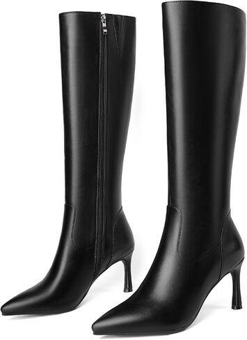 Knee High Boots Women Pointed Toe Stiletto High Heel Boot for Women Sexy Side Zipper Leather Tall Calf Boots in Kuwait