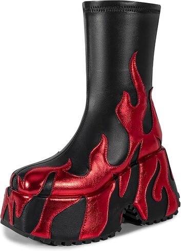 Women's Flame Platform Ankle Boots Goth Punk Side Zip Fastening, Round Toe Platform Boots-WJ1044-Black-red-7 in Saudi Arabia