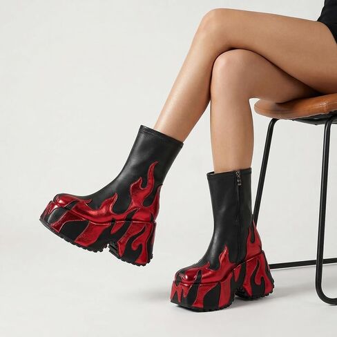 Women's Flame Platform Ankle Boots Goth Punk Side Zip Fastening, Round Toe Platform Boots-WJ1044-Black-red-7 in Saudi Arabia