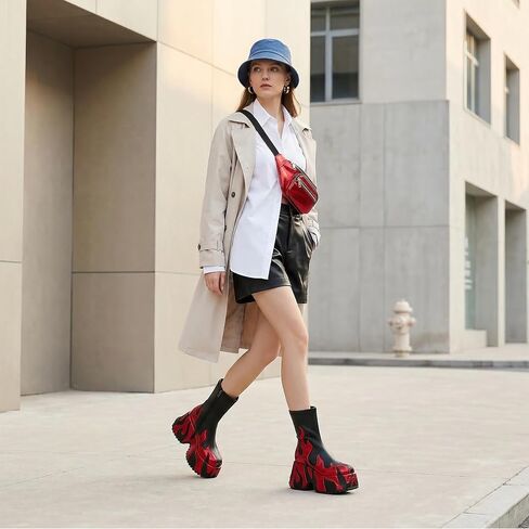 Women's Flame Platform Ankle Boots Goth Punk Side Zip Fastening, Round Toe Platform Boots-WJ1044-Black-red-7 in Saudi Arabia
