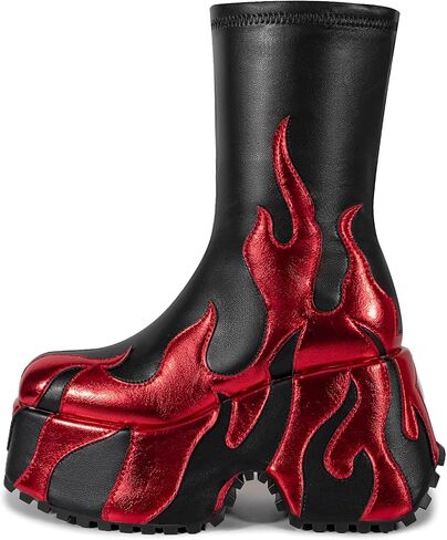Women's Flame Platform Ankle Boots Goth Punk Side Zip Fastening, Round Toe Platform Boots-WJ1044-Black-red-7 in Saudi Arabia