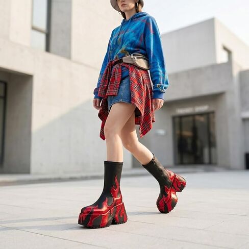 Women's Flame Platform Ankle Boots Goth Punk Side Zip Fastening, Round Toe Platform Boots-WJ1044-Black-red-7 in Saudi Arabia