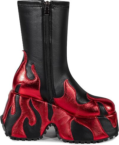 Women's Flame Platform Ankle Boots Goth Punk Side Zip Fastening, Round Toe Platform Boots-WJ1044-Black-red-7 in Saudi Arabia